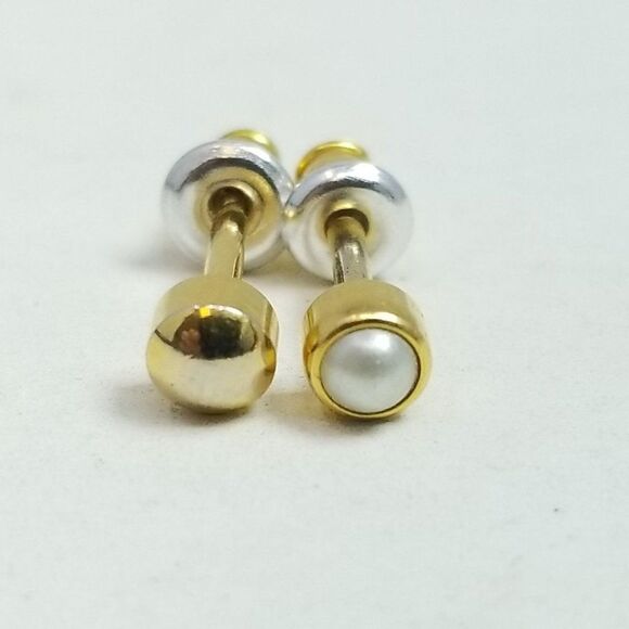 Vintage Two Gold Tone Stud Earrings, One with Faux Pearl Center, Small Minimal - Picture 5 of 5